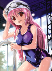 Rule 34 | 1girl, absurdres, breasts, brown eyes, character request, goggles, goggles on headwear, highres, komatsu eiji, long hair, medium breasts, one-piece swimsuit, open mouth, original, pink hair, scan, school swimsuit, shiny clothes, smile, solo, swim cap, swimsuit, wet