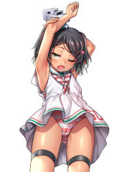 Rule 34 | 1girl, armpits, arms up, black hair, blush, braid, braided bangs, dark-skinned female, dark skin, dress, flat chest, hair ornament, hairclip, hat, kantai collection, mole, mole under eye, neckerchief, one eye closed, open mouth, panties, sailor dress, scirocco (kancolle), short twintails, simple background, sleeveless, sleeveless dress, solo, star (symbol), star hair ornament, striped clothes, striped neckerchief, striped neckwear, striped panties, thigh strap, twintails, underwear, uousa-ou, upskirt, white background
