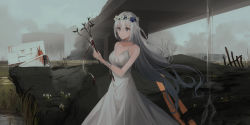 Rule 34 | 1girl, bandaged arm, bandages, bare shoulders, blood, blood on clothes, bloody bandages, blue eyes, blue flower, branch, breasts, building, chihuri, cleavage, cloud, cloudy sky, collarbone, commentary request, dress, flower, flower wreath, grey hair, hair between eyes, head wreath, highres, long hair, medium breasts, nemophila (flower), original, outdoors, overcast, overpass, sky, sleeveless, sleeveless dress, smile, solo, standing, very long hair, water, white dress, white flower