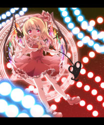 Rule 34 | 1girl, ascot, blonde hair, blush, bobby socks, danmaku, embodiment of scarlet devil, fangs, female focus, flandre scarlet, foreshortening, full body, gradient background, hat, highres, kuromame (8gou), laevatein, letterboxed, looking at viewer, magic circle, mary janes, open mouth, outstretched hand, ponytail, red eyes, shoes, side ponytail, skirt, smile, socks, solo, spell card, touhou, white socks, wings