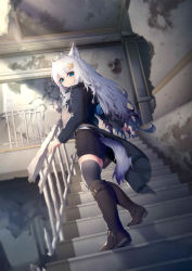 Rule 34 | 1girl, absurdres, ahoge, animal ears, black footwear, black jacket, blue cape, blush, boots, brown shorts, cape, choker, commentary request, copyright request, frown, hair ornament, hairclip, highres, jacket, jewelry, knee boots, long sleeves, looking at viewer, necklace, ray (pixiv9514208), ruins, shirt, shorts, simple background, solo, stairs, star (symbol), star hair ornament, thighhighs, virtual youtuber, white background, white shirt, white shorts, wolf ears