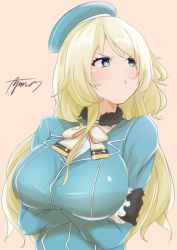 Rule 34 | 1girl, atago (kancolle), ayuman, beige background, beret, black gloves, blonde hair, blue hat, breasts, commentary request, crossed arms, gloves, hat, highres, kantai collection, large breasts, long hair, looking to the side, military, military uniform, pout, signature, simple background, solo, uniform, upper body