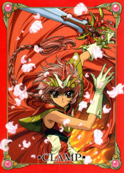 Rule 34 | 1990s (style), 1girl, armor, armored dress, border, braid, cape, clamp (circle), escudo sword (rayearth), falling, fiery hair, fire, gloves, highres, holding, holding sword, holding weapon, looking at viewer, magic knight rayearth, ornate border, red eyes, red hair, retro artstyle, shidou hikaru, single braid, sword, weapon