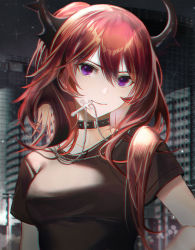 Rule 34 | 1girl, arknights, bad id, bad pixiv id, black choker, black shirt, breasts, choker, commentary, cross, cross necklace, gradient background, grey background, hair between eyes, highres, horns, indoors, jewelry, long hair, looking at viewer, medium breasts, mike (kayomire), mouth hold, necklace, official alternate costume, purple eyes, red hair, shirt, short sleeves, smile, solo, surtr (arknights), surtr (liberte echec) (arknights), upper body