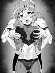 Rule 34 | 1boy, 1girl, absurdres, blush, grabbing another&#039;s breast, breasts, covered collarbone, covered erect nipples, grabbing, grabbing from behind, greyscale, hair ornament, hairclip, hetero, highres, inai uchi, large breasts, looking at viewer, midriff, monochrome, navel, open mouth, saliva, senki zesshou symphogear, short hair, skin tight, sweat, tachibana hibiki (symphogear)