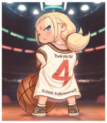 Rule 34 | 1girl, :&lt;, ball, basketball, basketball (object), blonde hair, blue eyes, border, brown footwear, child, commentary request, english text, from behind, kozato (yu kozato), layered shirt, looking at viewer, low twintails, original, oversized clothes, pink shirt, shirt, shoes, short sleeves, short twintails, solo, stage, thank you, twintails, white border, white shirt