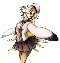 Rule 34 | 1girl, :d, aged up, asymmetrical bangs, bad id, bad pixiv id, blonde hair, dress, funamusea, hair over one eye, hat, long hair, memoca, monster girl, multicolored hair, oounabara to wadanohara, open mouth, outstretched wings, porupu, sailor collar, sailor dress, sailor hat, simple background, smile, solo, streaked hair, turtleneck, white background, white hair, wings, yellow eyes