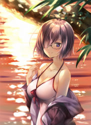 Rule 34 | 1girl, bare shoulders, black-framed eyewear, blurry, blush, breasts, casual one-piece swimsuit, cleavage, closed mouth, collarbone, colored eyelashes, commentary request, dated, depth of field, evening, fate/grand order, fate (series), glasses, grey jacket, hair over one eye, hand up, highres, jacket, large breasts, leaf, looking at viewer, mash kyrielight, mash kyrielight (swimsuit of perpetual summer), off shoulder, official alternate costume, one-piece swimsuit, open clothes, open jacket, outdoors, pink hair, purple eyes, reflection, short hair, smile, solo, sunlight, swimsuit, tree, upper body, water, white one-piece swimsuit, zinno