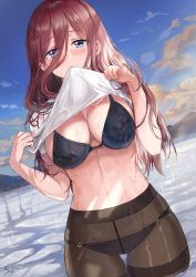 Rule 34 | 1girl, black bra, black panties, blue eyes, bra, breasts, brown pantyhose, cleavage, clothes in mouth, clothes lift, day, dutch angle, go-toubun no hanayome, hair between eyes, hands up, highres, large breasts, lifting own clothes, long hair, looking at viewer, mouth hold, nakano miku, outdoors, panties, panties under pantyhose, pantyhose, red hair, saya (mychristian2), shirt, shirt in mouth, shirt lift, sky, solo, standing, thigh gap, thighband pantyhose, underwear, wading, water, wet, white shirt