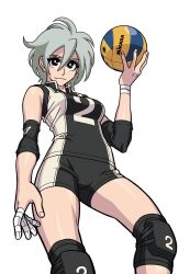 Rule 34 | 1girl, ball, bandages, black eyes, black shorts, breasts, closed mouth, curvy, elbow pads, elbow sleeve, eyelashes, grey hair, groin, hair between eyes, hand up, holding, holding ball, jersey, knee pads, light smile, looking at viewer, medium breasts, mikasa sports, nihonbashi yowoko, official art, shin guards, shirt, short hair, shorts, shoujo fight, simple background, sleeveless, sleeveless shirt, smile, solo, sportswear, standing, taped fingers, thighs, volleyball, volleyball (object), volleyball uniform