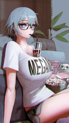 Rule 34 | 1girl, black-framed eyewear, blue eyes, bowl, breasts, bubble tea, bubble tea challenge, cat, chromatic aberration, clothes writing, commentary request, couch, cup, dolphin shorts, drinking, drinking glass, drinking straw, food, glasses, highres, hiragana oufu, indoors, large breasts, looking at viewer, micro shorts, object on breast, original, pillow, plant, popcorn, reflection, shirt, short hair, short sleeves, shorts, sitting, solo, t-shirt, white shirt