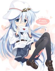 Rule 34 | 1girl, absurdres, bad id, bad pixiv id, black sailor collar, black skirt, black thighhighs, blue eyes, blue hair, closed mouth, cyrillic, english text, envelope, flat cap, full body, hair between eyes, hammer and sickle, hat, heart, hibiki (kancolle), highres, hizuki yayoi, holding, holding envelope, kantai collection, knees up, letter, long hair, looking at viewer, love letter, pleated skirt, russian text, sailor collar, school uniform, serafuku, shirt, sideways hat, silver hair, simple background, skirt, smile, solo, star (symbol), thighhighs, verniy (kancolle), very long hair, white background, white hat, white shirt
