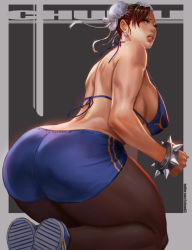 Rule 34 | 1girl, adapted costume, ass, back, bare arms, bare shoulders, bikini, bikini top only, blue bikini, blush, bracelet, breasts, brown eyes, brown hair, bun cover, capcom, chun-li, double bun, earrings, covered erect nipples, eyelashes, from behind, hip focus, huge ass, jewelry, kneeling, large breasts, lips, looking back, muscular, muscular female, pantyhose, rejean dubois, shoes, short hair, short shorts, shorts, sideboob, sneakers, solo, spiked bracelet, spikes, street fighter, street fighter zero (series), swimsuit, thick thighs, thighs, wide hips