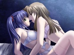 Rule 34 | 2girls, bare shoulders, bed, blue hair, bra, breasts, brown eyes, brown hair, eye contact, girl on top, green eyes, kiss, large breasts, lingerie, long hair, looking at another, multiple girls, open mouth, panties, saliva, saliva trail, tagme, thighhighs, tongue, underwear, yuri