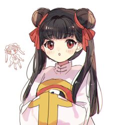 Rule 34 | 2girls, black hair, blush, blush stickers, cardcaptor sakura, chibi, chibi inset, child, chinese clothes, double bun, dual persona, hair bun, hair over shoulder, highres, knho, li meiling, multiple girls, open mouth, parted lips, red eyes, simple background, smile, twintails, white background