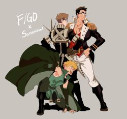 Rule 34 | 3boys, absurdres, boots, brown hair, cosplay, epaulettes, fate/grand order, fate (series), glasses, highres, kendy (revolocities), long sideburns, long sleeves, male focus, multiple boys, muscular, napoleon bonaparte (fate), original, pectorals, robin hood (fate), scar, simple background, smile, uniform