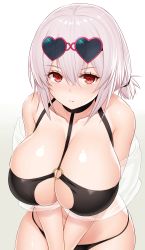 Rule 34 | 1girl, absurdres, asamura hiori, azur lane, bare shoulders, bikini, black bikini, breasts, choker, cleavage, cleavage cutout, closed mouth, clothing cutout, collarbone, commentary request, crossed bangs, expressionless, eyewear on head, from above, gradient background, hair between eyes, heart, heart-shaped eyewear, highres, large breasts, looking at viewer, medium hair, o-ring, o-ring top, pink-framed eyewear, pink hair, red eyes, revision, shiny clothes, shiny skin, silver background, sirius (azur lane), sirius (scorching-hot seirios) (azur lane), skindentation, solo, sunglasses, swimsuit, v arms