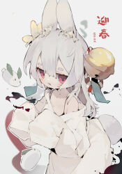 Rule 34 | 1girl, absurdres, animal ears, bell, black bra, blush, bra, grey background, grey hair, hair bell, hair ornament, highres, looking at viewer, nep (nep 76), open mouth, original, oversized clothes, rabbit ears, rabbit girl, rabbit tail, shirt, short hair, simple background, sleeves past fingers, sleeves past wrists, solo, sweat, tail, thick eyebrows, underwear, white shirt