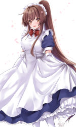 Rule 34 | 1girl, absurdres, alternate costume, apron, blue dress, blush, bow, bowtie, breasts, brown eyes, brown hair, cherry blossoms, collared dress, cowboy shot, dated, dress, elbow gloves, enmaided, frilled apron, frills, gloves, hair between eyes, headgear, highres, kantai collection, long hair, looking at viewer, maid, maid apron, maid headdress, mashiro yukiya, medium breasts, open mouth, pantyhose, petals, petticoat, ponytail, puffy short sleeves, puffy sleeves, red bow, red bowtie, short sleeves, smile, solo, twitter username, very long hair, white apron, white background, white gloves, white pantyhose, yamato (kancolle)
