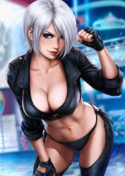 Rule 34 | 1girl, angel (kof), bent over, bikini, bikini bottom only, blue eyes, blurry, blurry background, breasts, chaps, cleavage, cropped jacket, dandon fuga, fingerless gloves, gloves, grin, hair over one eye, highres, large breasts, leaning forward, looking at viewer, navel, short hair, silver hair, smile, solo, standing, the king of fighters