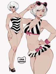 Rule 34 | 1girl, 2b (nier:automata), bikini, blue eyes, glasses, hand on own hip, hand on own thigh, high heels, highres, kamii momoru, looking at viewer, nier (series), one-piece swimsuit, short hair, strapless, strapless one-piece swimsuit, striped bikini, striped clothes, striped one-piece swimsuit, swimsuit, taking off, thick thighs, thighs, vertical-striped bikini, vertical-striped clothes, white hair