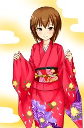 Rule 34 | 1girl, brown eyes, brown hair, cloud background, flat chest, floral print, hair between eyes, happy new year, japanese clothes, kantai collection, kimono, kudou (ooabareteng), long sleeves, looking at viewer, new year, obi, red kimono, sash, solo, taihou (kancolle), wide sleeves, yellow background