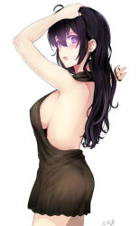 Rule 34 | 1girl, ahoge, ass, backless dress, backless outfit, bad id, bad pixiv id, beifeng han, black dress, black hair, blush, breasts, covered erect nipples, dress, earrings, flat ass, glowing, hair between eyes, hair ornament, hand in own hair, highres, jewelry, large breasts, long hair, looking at viewer, miyaura sanshio, no bra, open mouth, original, purple eyes, revision, sideboob, simple background, solo, white background