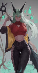 Rule 34 | 1girl, aqua nails, bandages, bare shoulders, black horns, black jacket, cleavage cutout, closed mouth, clothing cutout, club, club (weapon), dark-skinned female, dark skin, fingernails, fire, floating, green fire, green hair, highres, hitodama, holding, holding club, holding weapon, horns, jacket, long fingernails, long hair, multicolored clothes, multicolored jacket, nail polish, navel, oni, open clothes, open jacket, orange eyes, original, plaster (2501), shoulder cutout, skindentation, solo, spiked club, spikes, turtleneck, two-tone jacket, weapon, yellow jacket, zipper, zipper pull tab