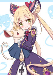 Rule 34 | 1girl, absurdres, blonde hair, blue background, blush, bow, brown eyes, closed mouth, commentary request, double bun, dress, ghost, hair bow, hair bun, highres, holding, holding stuffed toy, jiu (sdesd3205), long hair, long sleeves, looking at viewer, luna (shadowverse), purple dress, red bow, shadowverse, smile, solo, stuffed animal, stuffed dog, stuffed toy, twintails, two-tone background, very long hair, white background