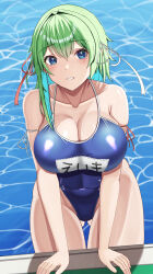 Rule 34 | 1girl, absurdres, alternate breast size, alternate costume, arm ribbon, asymmetrical hair, blue eyes, blush, breasts, caustics, cleavage, collarbone, commentary request, cowboy shot, green hair, hair intakes, hair ribbon, highres, hossy, large breasts, leaning forward, long hair, looking at viewer, medium bangs, parted lips, poolside, red ribbon, ribbon, school swimsuit, shiki eiki, shiny skin, solo, swimsuit, touhou, water, white ribbon
