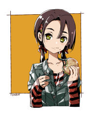 Rule 34 | 1girl, :t, absurdres, artist name, blush, brown hair, bunbun, burger, closed mouth, collarbone, cropped torso, flower, food, food on face, green eyes, grey jacket, hair flower, hair ornament, highres, holding, holding food, jacket, long hair, long sleeves, looking at viewer, low twintails, orange background, original, partially unbuttoned, red flower, shirt, sleeves past wrists, solo, striped clothes, striped shirt, twintails, two-tone background, upper body, wavy mouth, white background