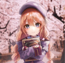 Rule 34 | 1girl, absurdres, bad id, bad pixiv id, beret, blue eyes, blue hair, blurry, blurry background, blush, book, bookmark, cherry blossoms, closed mouth, hair between eyes, hat, highres, holding, holding book, leviathan (hikinito0902), long hair, looking at viewer, hugging object, orange hair, outdoors, princess connect!, sleeves past wrists, smile, solo, tree, twintails, uniform, upper body, yellow pupils, yuni (princess connect!)