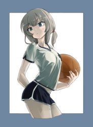 Rule 34 | 10s, 1girl, aaru (kerogero1582), alternate hairstyle, arm behind back, ball, basketball, basketball (object), black shorts, blue outline, closed mouth, collaboration, commentary, contrapposto, cropped legs, derivative work, dolphin shorts, from side, girls und panzer, gym shirt, gym shorts, gym uniform, hair tie, hair up, head tilt, highres, holding, holding ball, itsumi erika, kiriko works, light frown, looking back, medium hair, midriff, navel, outline, outside border, print shirt, shirt, short ponytail, short shorts, short sleeves, shorts, single vertical stripe, solo, sweat, t-shirt, v-neck, white background, white shirt