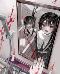 Rule 34 | 2girls, absurdres, bathroom, bathtub, belt, belt buckle, black dress, black hair, black nails, blood, blood splatter, blunt bangs, blunt ends, blush, broken mirror, buckle, candle, commentary request, cross print, dress, eyebrows hidden by hair, eyelashes, feet out of frame, fire, grey eyes, hair over eyes, hair over shoulder, hanataro (sruvhqkehy1zied), hand on mirror, hand up, heart, heart-shaped buckle, highres, knees up, long hair, lying, mirror, mirror image, multiple girls, nail polish, open hand, open mouth, original, partially submerged, pink eyes, reflection, shower head, soap bottle, sweat, upper body, wall, water, white belt