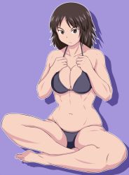 Rule 34 | 1girl, barefoot, bikini, black bikini, black eyes, black hair, breasts, cleavage, closed mouth, commentary, frown, full body, girls und panzer, indian style, large breasts, looking at viewer, medium hair, murakami (girls und panzer), muscular, muscular female, navel, shadow, simple background, sitting, skindentation, solo, swimsuit, tanaka rikimaru