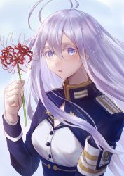 Rule 34 | 1girl, 86 -eightysix-, ahoge, armband, blue background, blue jacket, breasts, flower, hair between eyes, highres, holding, holding flower, jacket, kobarin, long hair, looking at viewer, military, military uniform, open mouth, red flower, silver hair, small breasts, solo, uniform, vladilena millize