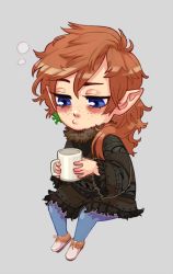 Rule 34 | 10s, blue eyes, cup, earrings, final fantasy, final fantasy xiv, freckles, highres, jewelry, lalafell, orange hair, pants, pointy ears, sabotender, sasaso saso, shirt, shoes