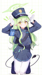 Rule 34 | 1girl, absurdres, belt, black belt, black footwear, black hat, black shirt, black skirt, black tail, blue archive, blush, closed mouth, demon tail, full body, gloves, green hair, green halo, halo, hat, hikari (blue archive), highres, kneeling, long hair, long sleeves, looking at viewer, pantyhose, peaked cap, pleated skirt, pointy ears, shirt, shishiodoshi, shoes, skirt, solo, tail, white gloves, white pantyhose, yellow eyes