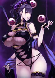 Rule 34 | 1girl, armlet, arthropod limbs, bare shoulders, black gloves, black one-piece swimsuit, black thighhighs, blush, breasts, bug, covered navel, eyeball, fate/grand order, fate (series), fingerless gloves, flower, gloves, gold trim, hair flower, hair ornament, hair up, half gloves, highleg, highleg swimsuit, highres, large breasts, long hair, looking at viewer, murasaki shikibu (fate), murasaki shikibu (swimsuit rider) (fate), murasaki shikibu (swimsuit rider) (first ascension) (fate), nakamura regura, one-piece swimsuit, purple eyes, purple hair, shawl, single thighhigh, smile, spider, swimsuit, thighhighs, thighs