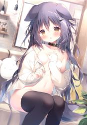 Rule 34 | 1girl, animal ears, black bow, black collar, black hair, black thighhighs, blush, bow, breasts, brick wall, brown eyes, censored, collar, collared shirt, commentary request, day, dog ears, dog girl, dog tail, feet out of frame, hair between eyes, hair bow, hair ornament, hairclip, hand up, indoors, light bulb, long hair, long sleeves, looking at viewer, naked shirt, navel, off shoulder, open clothes, open shirt, original, parted lips, shiratama (shiratamaco), shirt, sitting, sleeves past wrists, small breasts, solo, stuffed animal, stuffed dog, stuffed toy, sunlight, tail, thighhighs, very long hair, white shirt, window