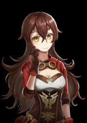 Rule 34 | 1girl, absurdres, amber (genshin impact), bag, belt, black background, breasts, brown eyes, brown hair, cleavage, genshin impact, goggles, goggles around neck, hair between eyes, hand on own cheek, hand on own face, hensenfm, highres, long hair, looking at viewer, no hairband, short sleeves, sidelocks, simple background, smile, solo, two-tone gloves