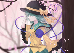 Rule 34 | 1girl, bare tree, black hat, blurry, blurry background, bow, cherry blossoms, closed mouth, commentary request, frilled sleeves, frills, from side, hat, hat bow, heart, heart of string, highres, komeiji koishi, kuro wa shinoru, long sleeves, looking at viewer, outdoors, smile, solo, third eye, touhou, tree, twitter username, upper body, wide sleeves, yellow bow
