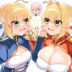 Rule 34 | 3girls, ahoge, artoria pendragon (all), artoria pendragon (fate), blonde hair, blue dress, blue ribbon, blush, braid, breasts, cheek pinching, chibi, cleavage, cleavage cutout, closed eyes, clothing cutout, commentary request, dress, epaulettes, fate/extra, fate/grand order, fate/stay night, fate (series), french braid, green eyes, grey jacket, hair between eyes, hair bun, hair intakes, hair over one eye, hair ribbon, highres, jacket, juliet sleeves, large breasts, light purple hair, long hair, long sleeves, mash kyrielight, medium breasts, multiple girls, necktie, nero claudius (fate), nero claudius (fate) (all), nero claudius (fate/extra), open mouth, pinching, puffy sleeves, red dress, red ribbon, ribbon, saber (fate), short hair, sidelocks, simple background, single hair bun, smile, white background, yayoi maka
