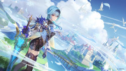 Rule 34 | 1girl, aqua hair, artist request, bird, black gloves, black hairband, black thighhighs, blue flower, blue hair, blue necktie, breasts, castle, claymore (sword), cleavage, closed mouth, cloud, cloudy sky, copyright notice, day, detached sleeves, eula (genshin impact), feathers, flower, frilled sleeves, frills, from side, genshin impact, gloves, grass, greatsword, hair between eyes, hair ornament, hairband, highres, holding, holding sword, holding weapon, ice, juliet sleeves, long sleeves, looking at viewer, medium breasts, medium hair, multicolored eyes, necktie, official art, outdoors, planted, planted sword, planted weapon, puffy sleeves, purple eyes, sidelocks, sky, snowflakes, solo, sparkle, standing, sword, thighhighs, thighs, two-handed sword, vision (genshin impact), water, weapon, white flower, wide sleeves, yellow eyes