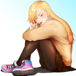 Rule 34 | 1girl, :p, ass, blonde hair, blue background, blush, brown pantyhose, brown skirt, brown sweater, candy, cross-laced footwear, food, full body, gradient background, holding, holding food, legs, licking, lollipop, long hair, long sleeves, looking at viewer, miniskirt, mole, mole under mouth, original, pantyhose, pink footwear, school uniform, shoes, sitting, skirt, sneakers, solo, straight hair, suruga kreuz, sweater, tongue, tongue out, v-shaped eyebrows