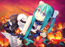Rule 34 | 1girl, aqua hair, bad id, bad pixiv id, blue eyes, flower, hatsune miku, headphones, lying, on side, open mouth, sheet music, sitting, skirt, solo, syobonne, tears, thighhighs, twintails, vocaloid, wrist cuffs