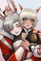 Rule 34 | 1boy, 1girl, animal ear fluff, animal ears, cat ears, closed eyes, commentary request, dark-skinned female, dark skin, facial mark, facing viewer, final fantasy, final fantasy xiv, fingerless gloves, gloves, grey background, grey hair, hairtail, hand on another&#039;s arm, happy, hetero, highres, hug, hug from behind, looking at another, miqo&#039;te, neck tattoo, open mouth, rabbit ears, short hair, smile, swept bangs, tattoo, upper body, viera, warrior of light (ff14), white hair, y&#039;shtola rhul