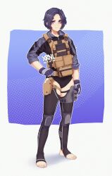 Rule 34 | 1girl, 2023, absurdres, ammunition pouch, asymmetrical legwear, black panties, black thighhighs, blue eyes, blue jacket, body armor, commentary, dated, english commentary, feet, gloves, highres, hip vent, holster, jacket, knee pads, looking at viewer, medium hair, messy hair, multicolored clothes, multicolored jacket, no shoes, original, pale skin, panties, pouch, signature, sleeves rolled up, smug, soldier, solo, stirrup legwear, tactical clothes, tarola (xrnl2018), thick thighs, thighhighs, thighs, toeless legwear, toenails, toes, two-tone jacket, underwear, white background, xrnl2018