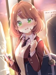Rule 34 | 1girl, bag, bag charm, blazer, blush, breasts, brown hair, brown jacket, cellphone, charm (object), collared shirt, commentary request, earbuds, earphones, green eyes, hair ornament, hairclip, head tilt, highres, holding, holding earphones, holding phone, jacket, kuune rin, long sleeves, looking at viewer, necktie, nose blush, open clothes, open jacket, open mouth, original, phone, school bag, school uniform, shirt, small breasts, solo focus, sunset, sweater vest, train interior, twitter username, upper body, wavy mouth, white shirt