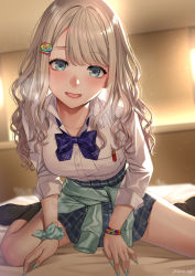 Rule 34 | 1girl, blue eyes, blush, bow, bracelet, breasts, clothes around waist, deras, highres, idolmaster, idolmaster shiny colors, jewelry, large breasts, looking at viewer, nail polish, open mouth, serizawa asahi, shirt, sitting, skirt, solo, spread legs, sweater, sweater around waist, white shirt